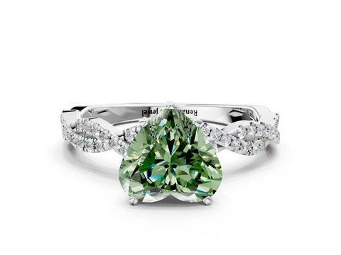 White gold Fancy Green Heart Cut Solitaire Twisted Pave Band with Four-Prong Setting_3