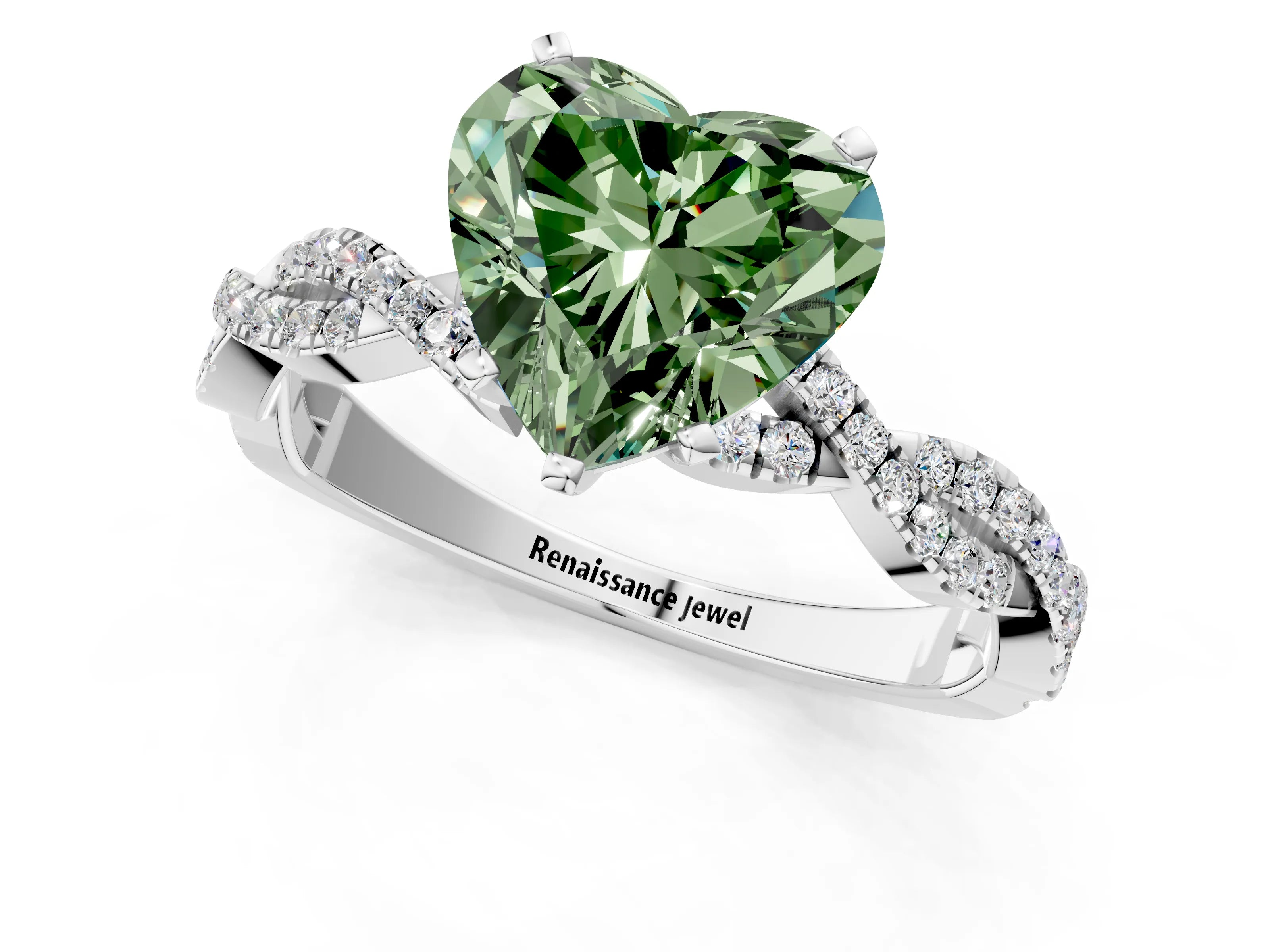 White gold Fancy Green Heart Cut Solitaire Twisted Pave Band with Four-Prong Setting_4