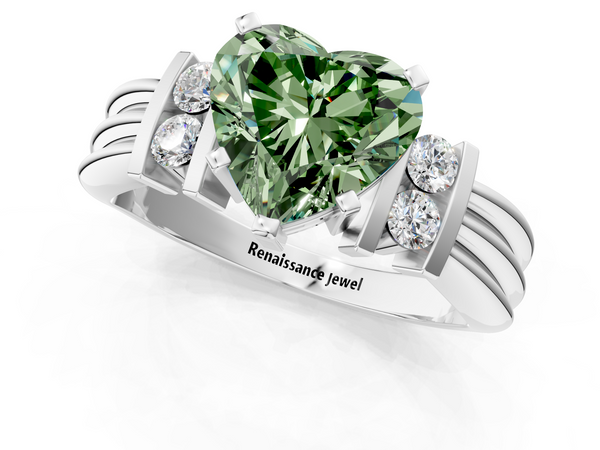 White gold Fancy Green Heart  Cut Three-Stone Channel Set Ring with Bar Prongs