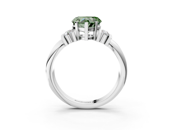 White gold Fancy Green Heart  Cut Three-Stone Channel Set Ring with Bar Prongs