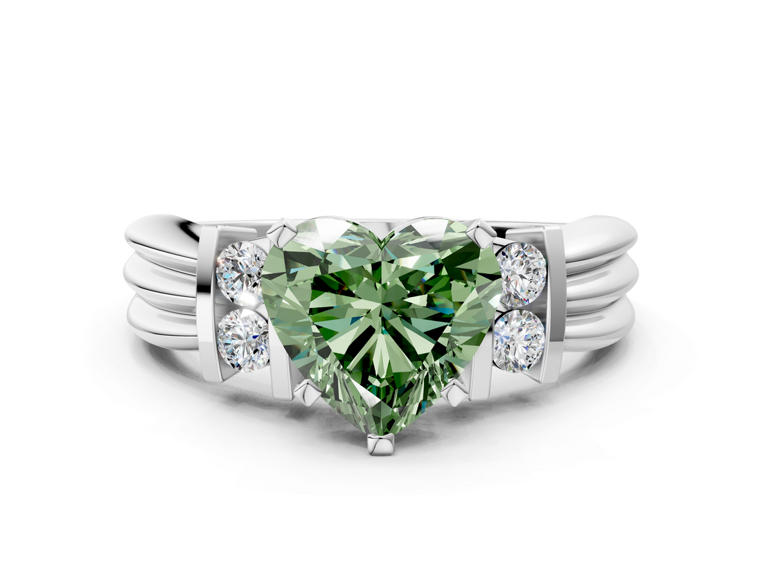 White gold Fancy Green Heart  Cut Three-Stone Channel Set Ring with Bar Prongs