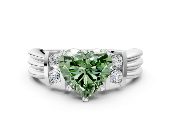 White gold Fancy Green Heart  Cut Three-Stone Channel Set Ring with Bar Prongs