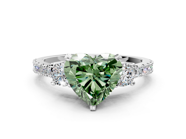 Platinum Fancy Green Heart  Cut Three-Stone Diamond Pavé Band with Prong Setting