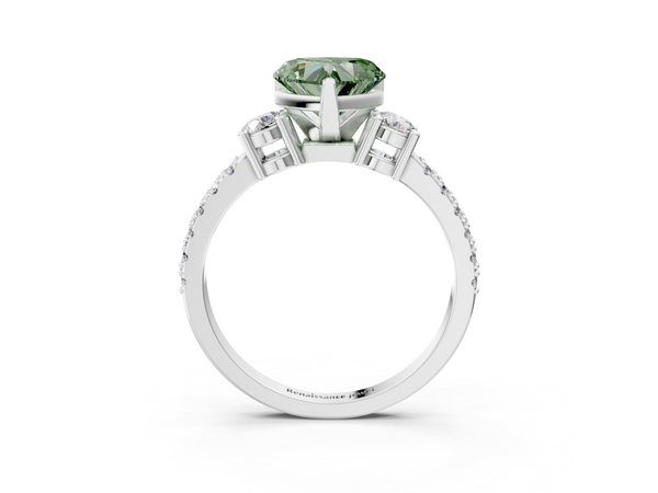 Platinum Fancy Green Heart  Cut Three-Stone Diamond Pavé Band with Prong Setting