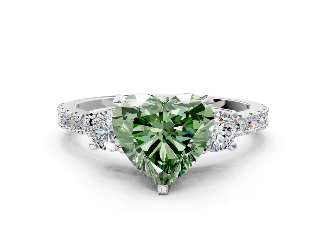 White gold Fancy Green Heart  Cut Three-Stone Diamond Pavé Band with Prong Setting