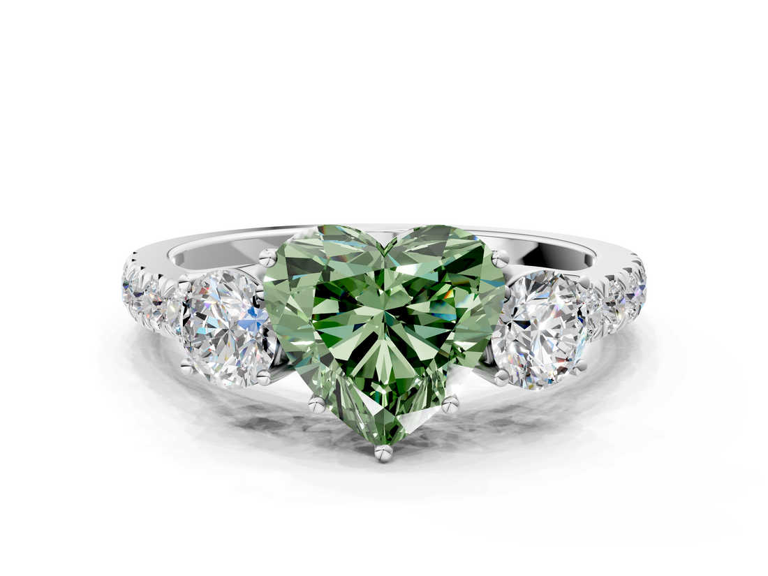 White gold Fancy Green Heart  Cut Three-Stone Diamond Pave Band with Prong Setting_17