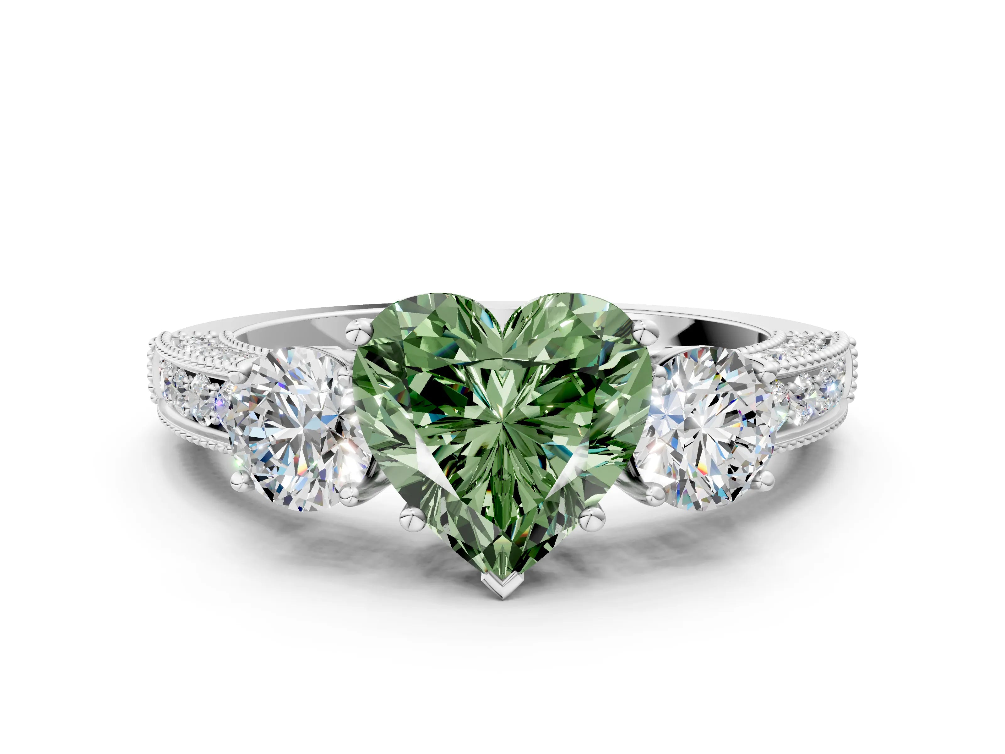 White gold Fancy Green Heart Cut Three-Stone Diamond Ring with Pavé Band and Four-Prong Setting_12