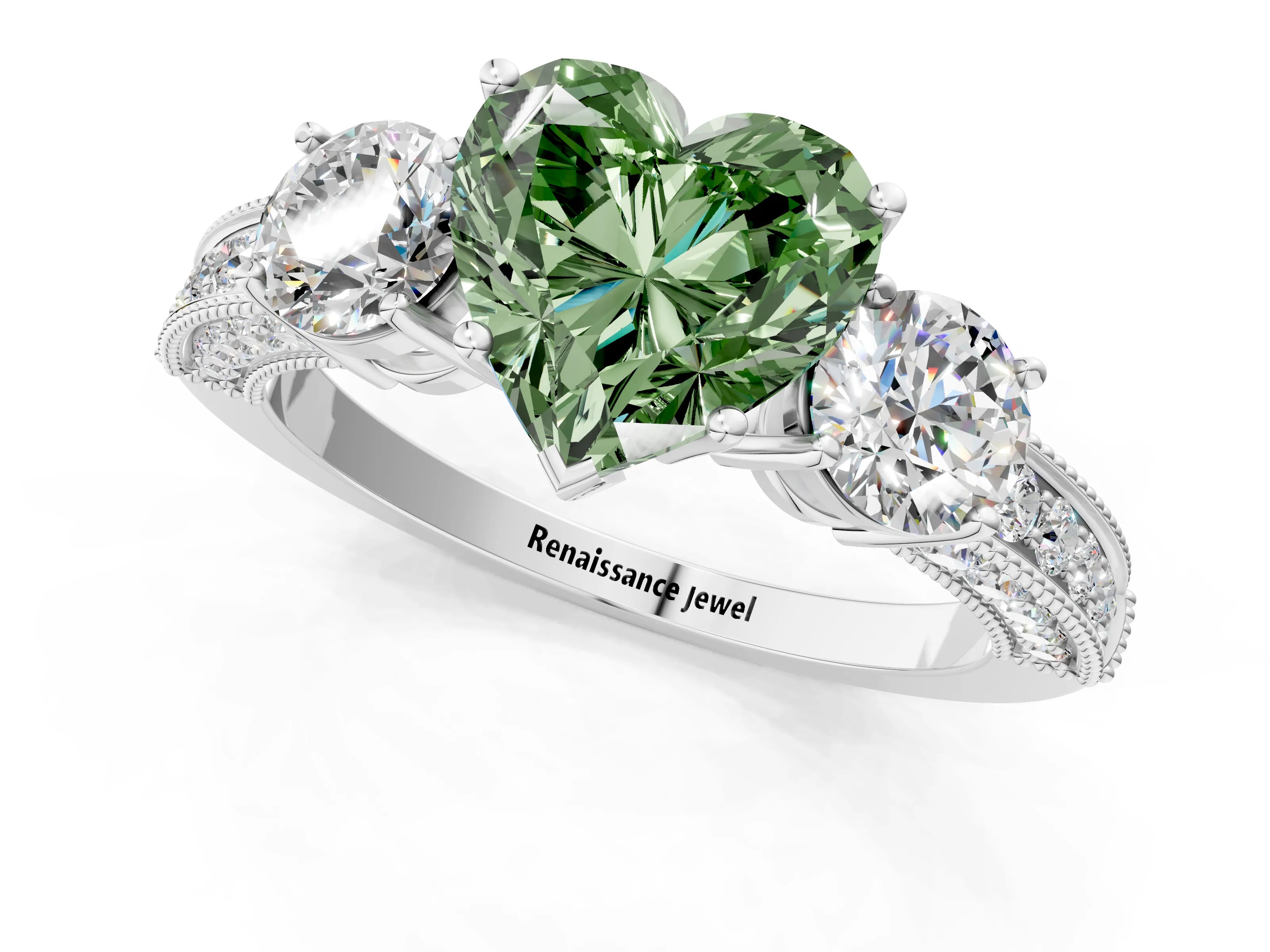 White gold Fancy Green Heart Cut Three-Stone Diamond Ring with Pavé Band and Four-Prong Setting_13