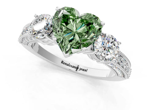 White gold Fancy Green Heart Cut Three-Stone Diamond Ring with Pavé Band and Four-Prong Setting_13