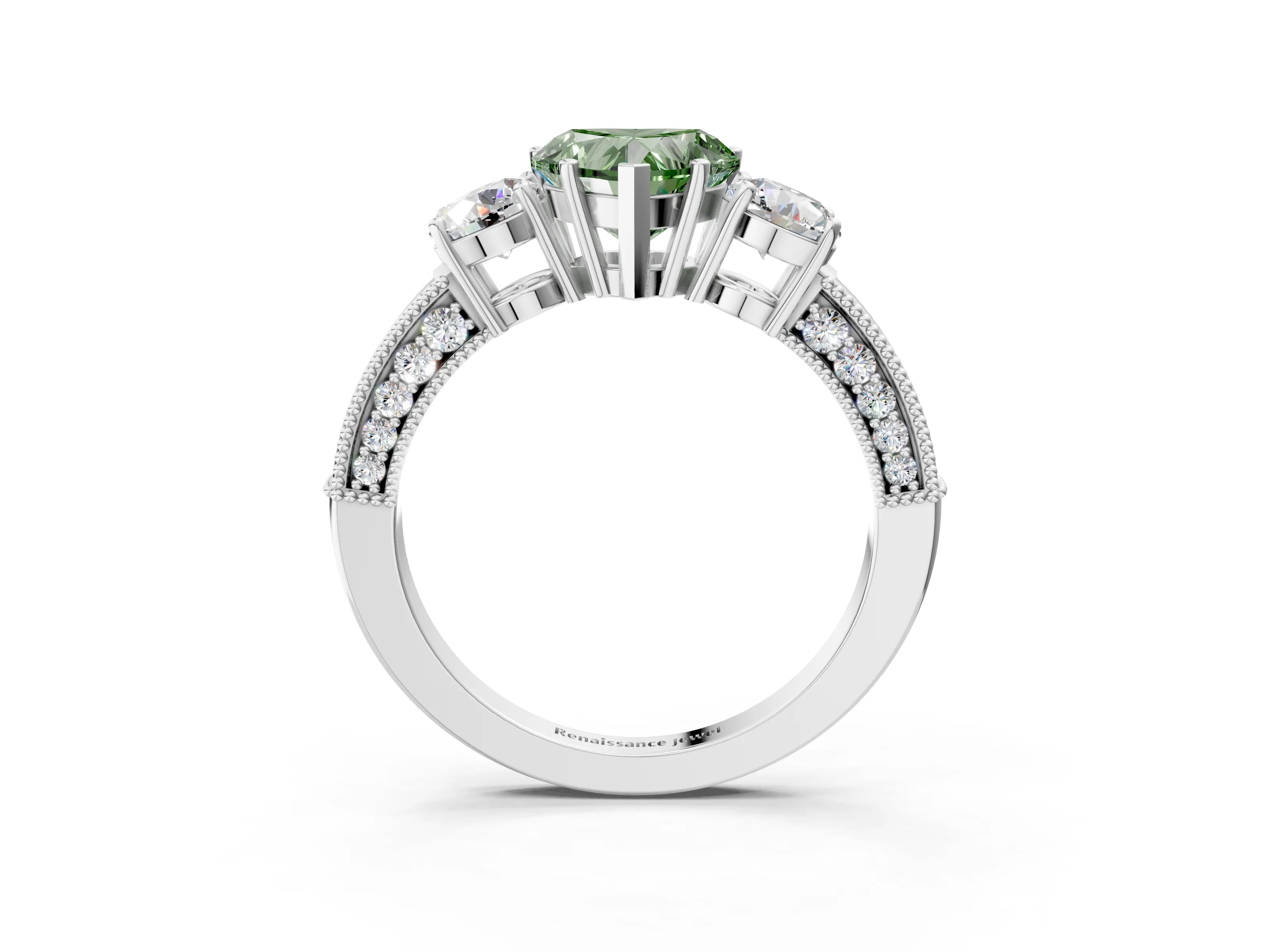 White gold Fancy Green Heart Cut Three-Stone Diamond Ring with Pavé Band and Four-Prong Setting_15