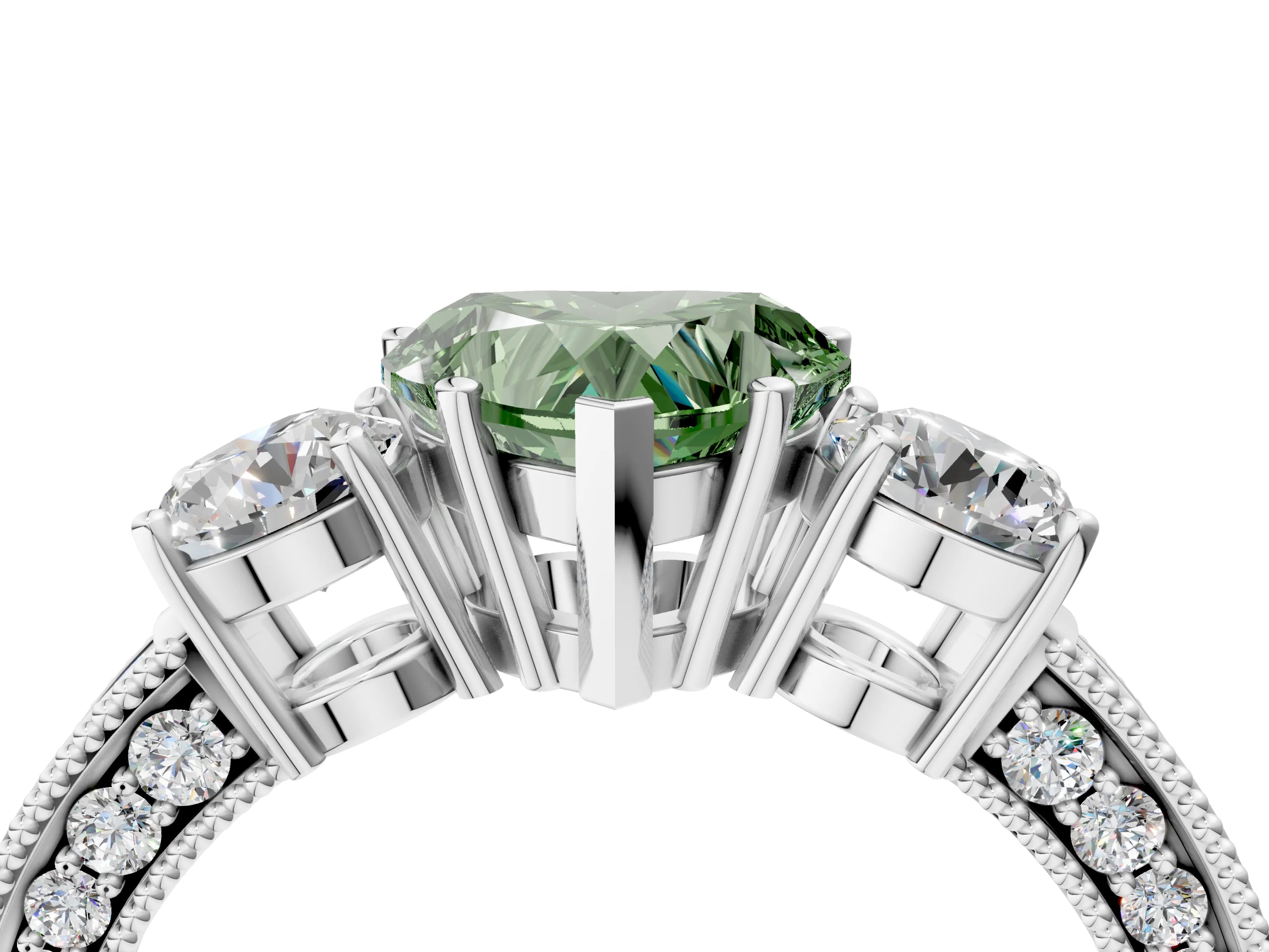 White gold Fancy Green Heart Cut Three-Stone Diamond Ring with Pavé Band and Four-Prong Setting_16