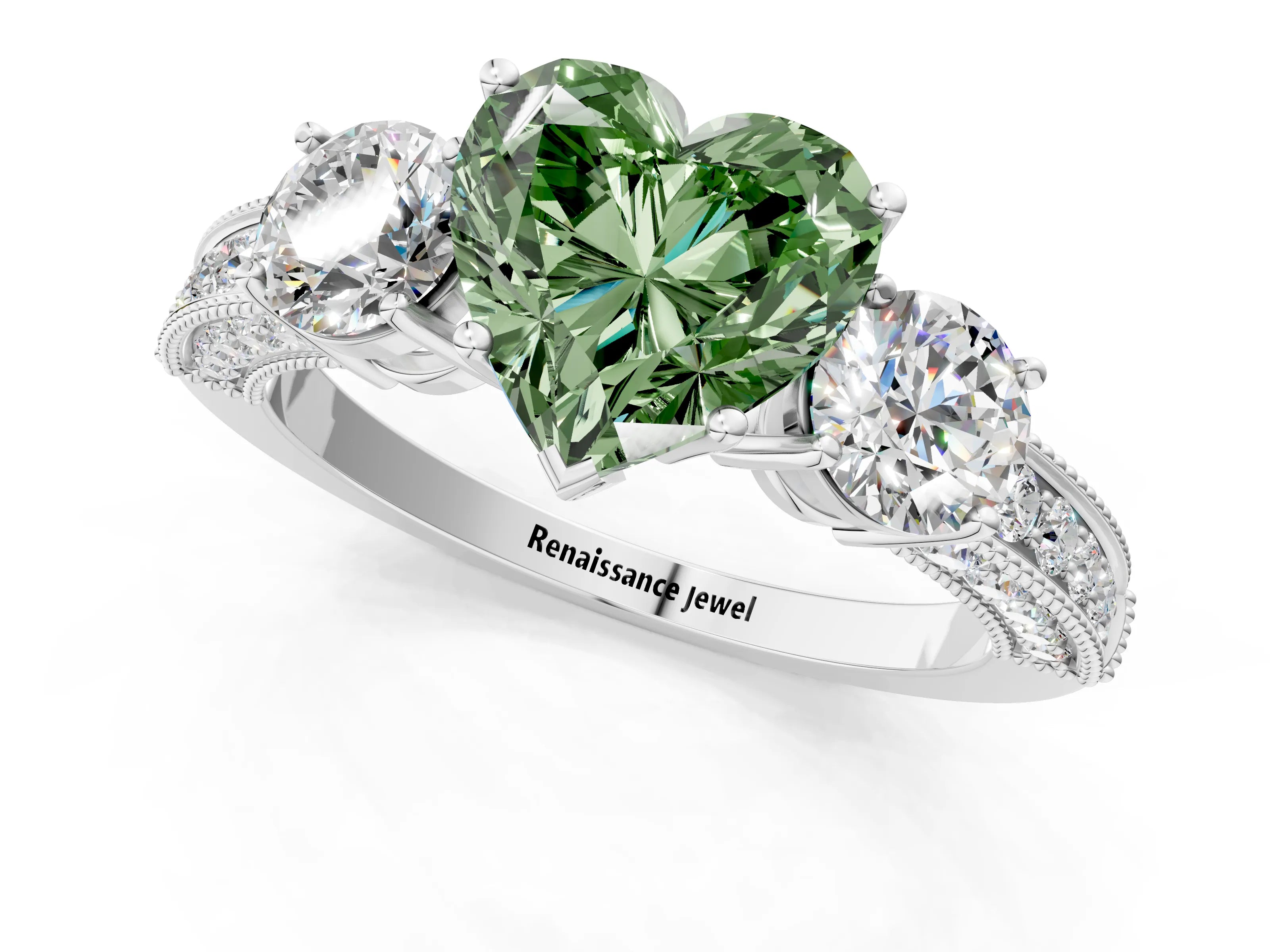 White gold Fancy Green Heart Cut Three-Stone Diamond Ring with Pavé Band and Four-Prong Setting_1