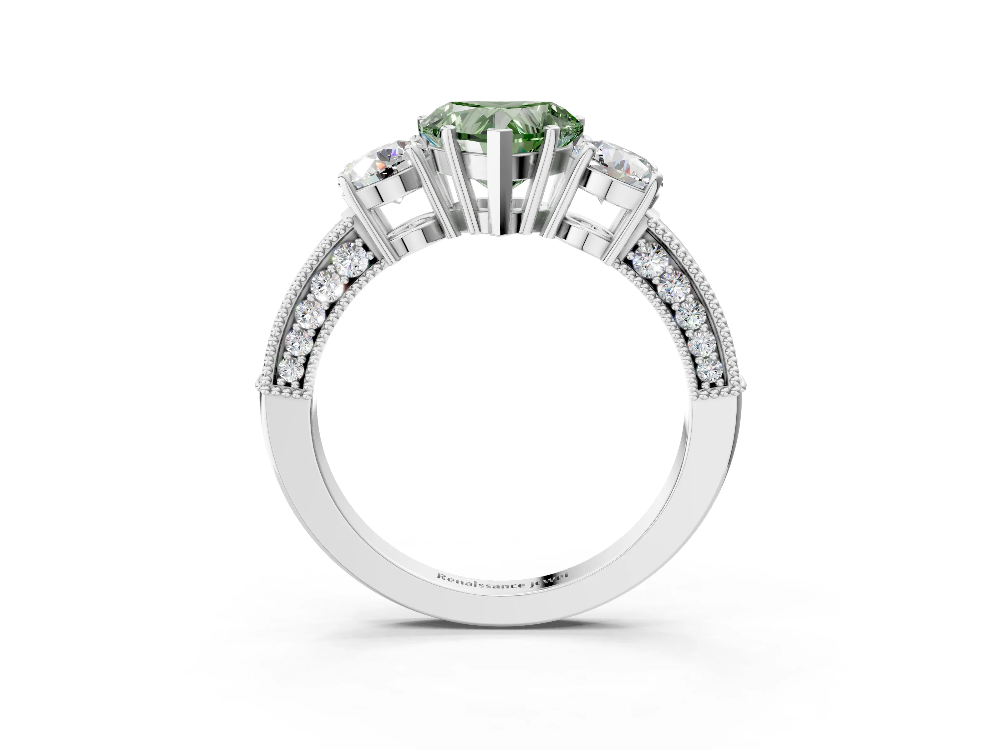 White gold Fancy Green Heart Cut Three-Stone Diamond Ring with Pavé Band and Four-Prong Setting_3