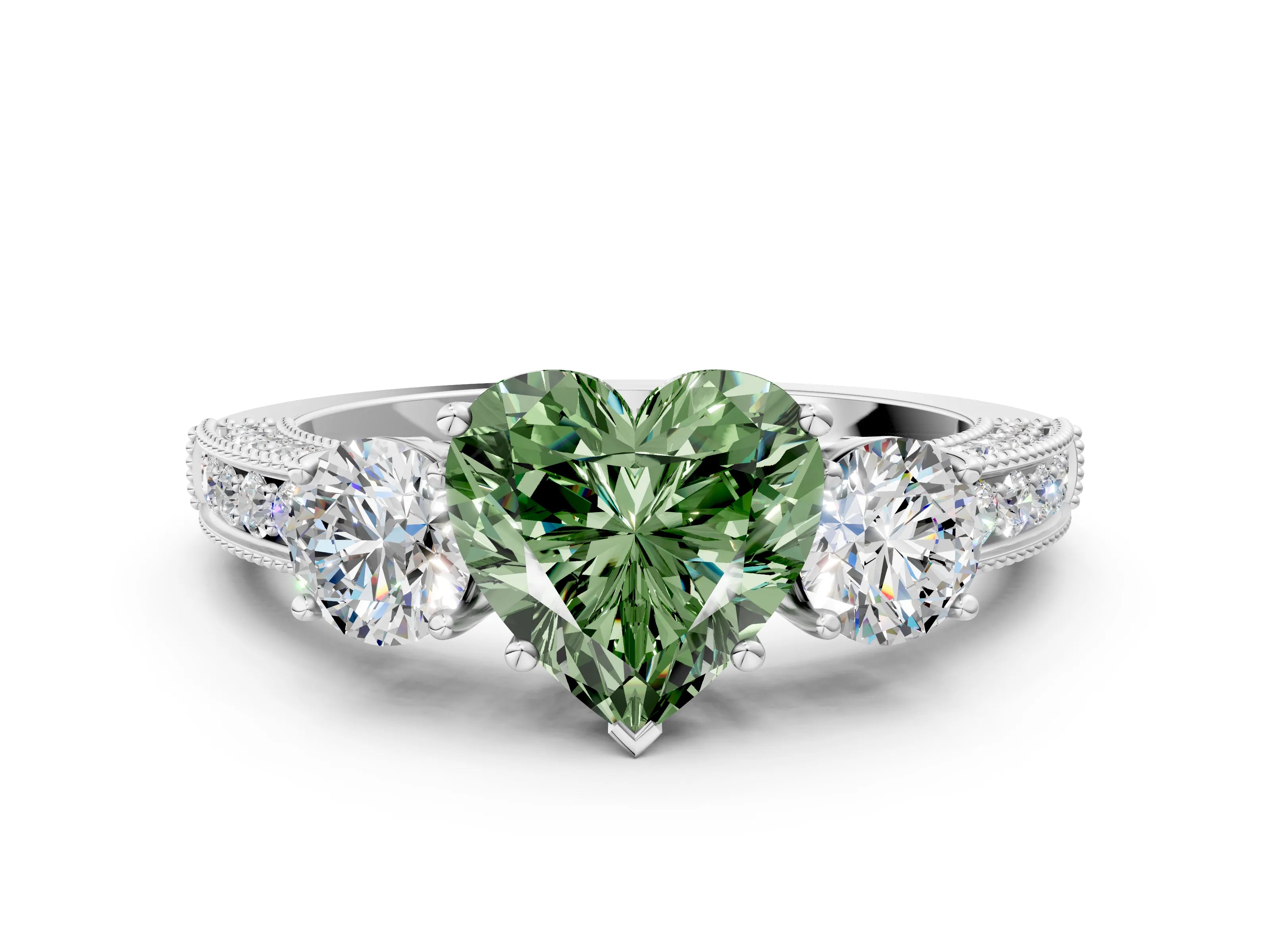 White gold Fancy Green Heart Cut Three-Stone Diamond Ring with Pavé Band and Four-Prong Setting