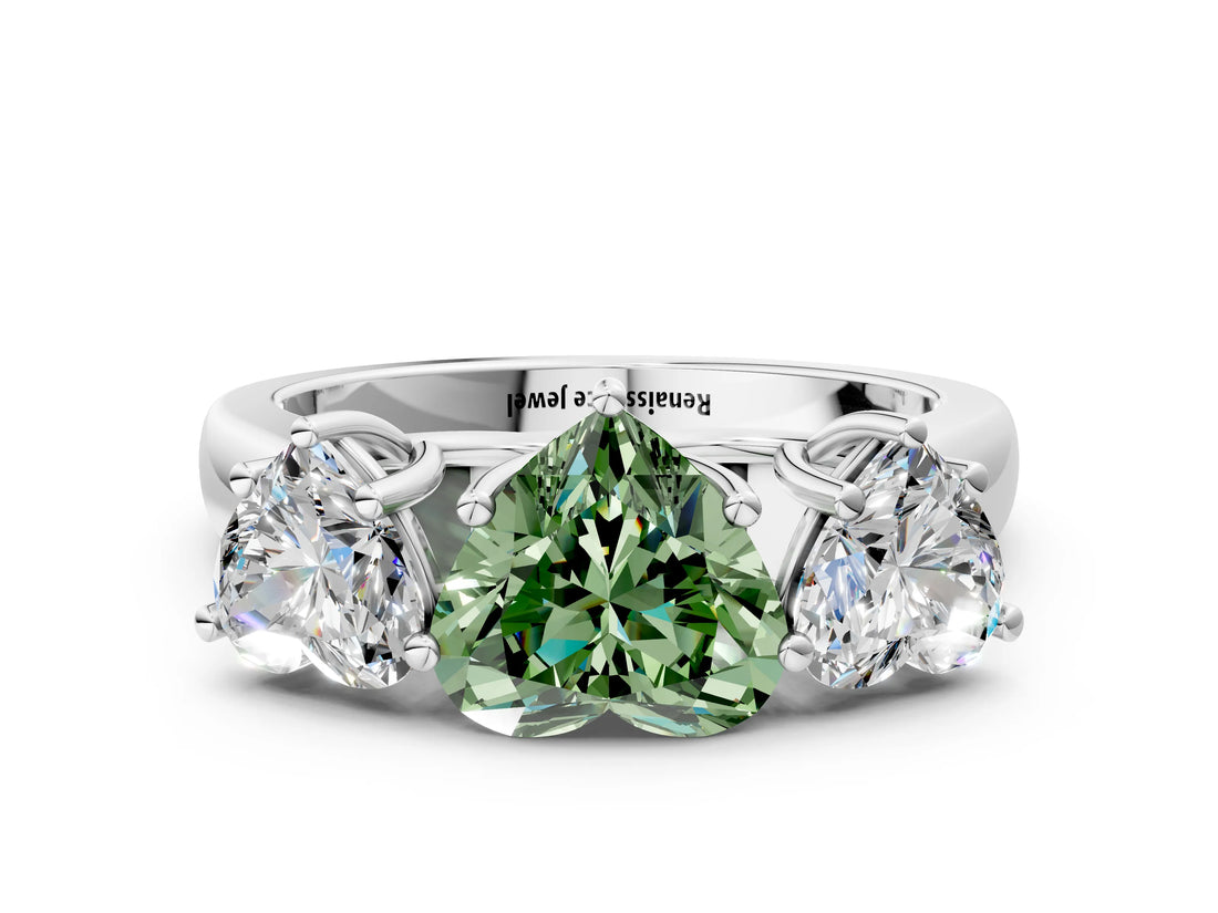 White gold Fancy Green Heart Cut Three-Stone Diamond Ring with Prong Setting on a Classic Band_12