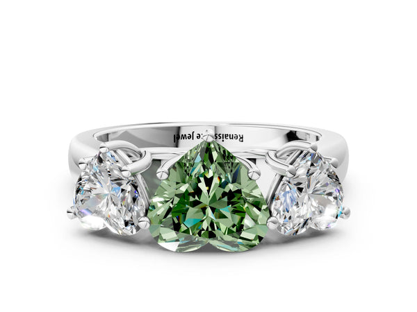 Platinum Fancy Green Heart Cut Three-Stone Diamond Ring with Prong Setting on a Classic Band