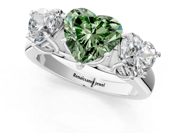 Platinum Fancy Green Heart Cut Three-Stone Diamond Ring with Prong Setting on a Classic Band