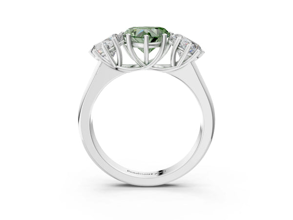 Platinum Fancy Green Heart Cut Three-Stone Diamond Ring with Prong Setting on a Classic Band