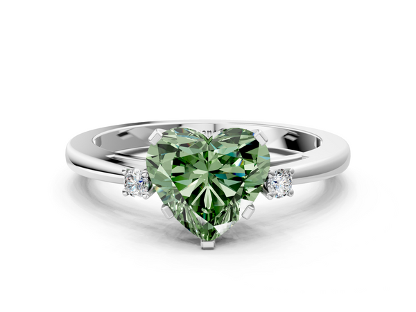 Platinum Fancy Green Heart  Cut Three-Stone Solitaire Ring with Round Accent Diamonds and Four-Prong Setting