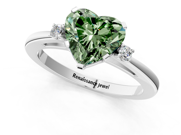 Platinum Fancy Green Heart  Cut Three-Stone Solitaire Ring with Round Accent Diamonds and Four-Prong Setting