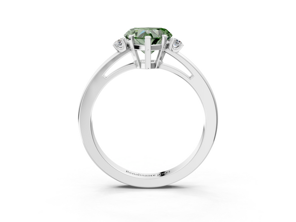 Platinum Fancy Green Heart  Cut Three-Stone Solitaire Ring with Round Accent Diamonds and Four-Prong Setting