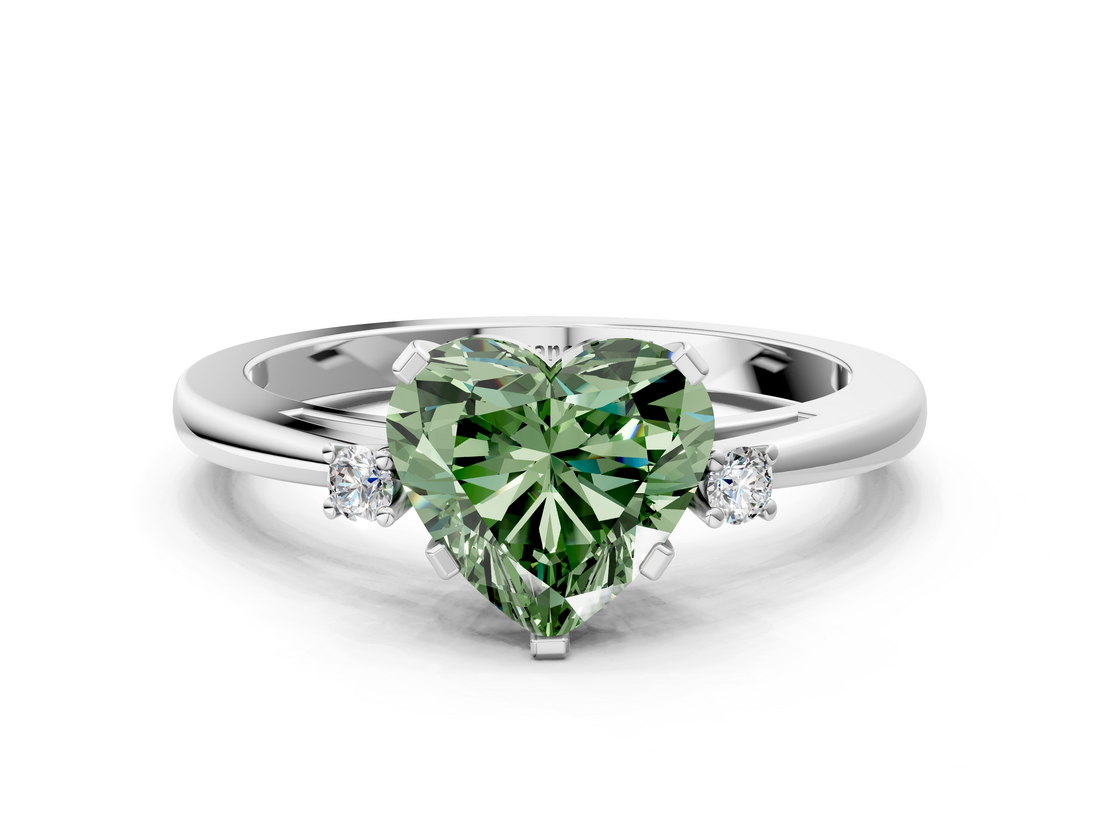 White gold Fancy Green Heart  Cut Three-Stone Solitaire Ring with Round Accent Diamonds and Four-Prong Setting