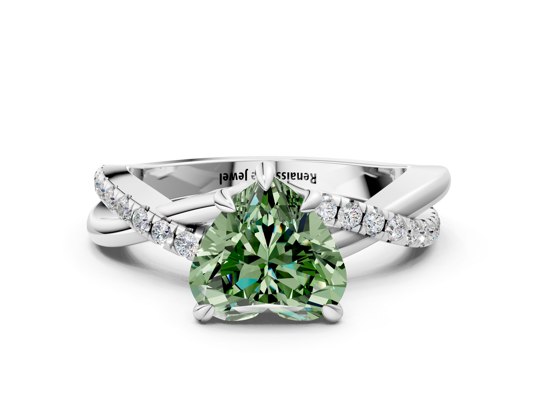 White gold Fancy Green Heart  Cut Twist Band Solitaire Diamond Ring with Pavé Setting_3