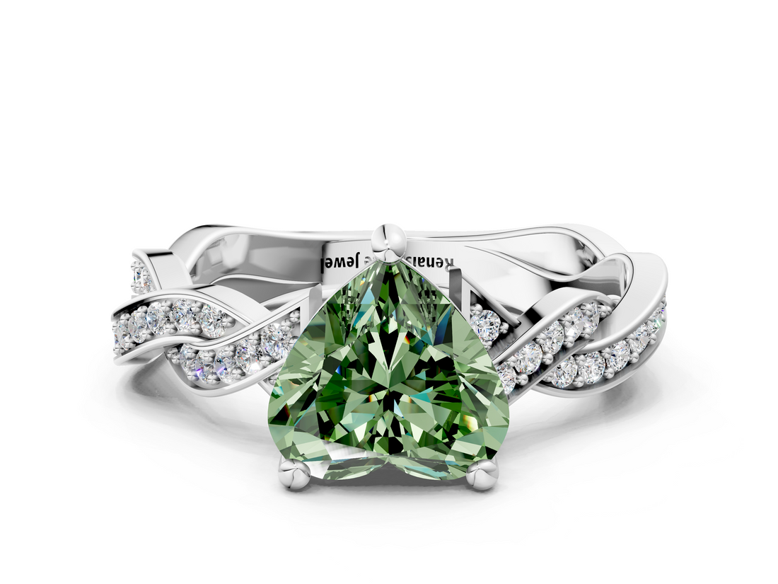 White gold Fancy Green Heart  Cut Twisted Pavé Band Solitaire Ring with Four-Prong Setting