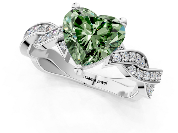 White gold Fancy Green Heart  Cut Twisted Pavé Band Solitaire Ring with Four-Prong Setting