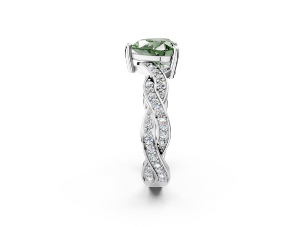 White gold Fancy Green Heart  Cut Twisted Pavé Band Solitaire Ring with Four-Prong Setting