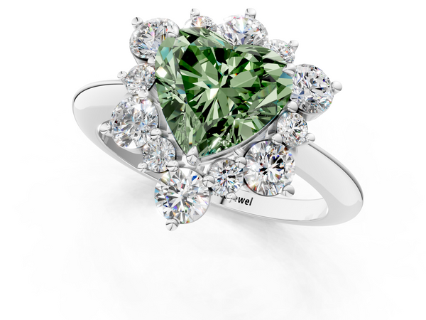 White gold Fancy Green Heart  Diamond Cluster Halo Ring with Solitaire Band and Four-Prong Setting