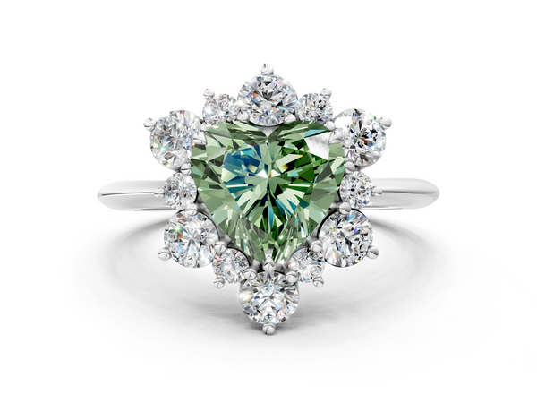White gold Fancy Green Heart  Diamond Cluster Halo Ring with Solitaire Band and Four-Prong Setting