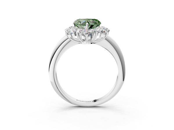 White gold Fancy Green Heart  Diamond Cluster Halo Ring with Solitaire Band and Four-Prong Setting