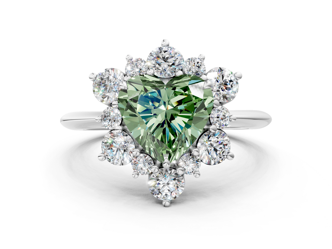 White gold Fancy Green Heart  Diamond Cluster Halo Ring with Solitaire Band and Four-Prong Setting