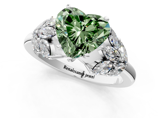 Platinum Fancy Green Heart  Diamond Cluster Leaf Design Ring with Prong Setting
