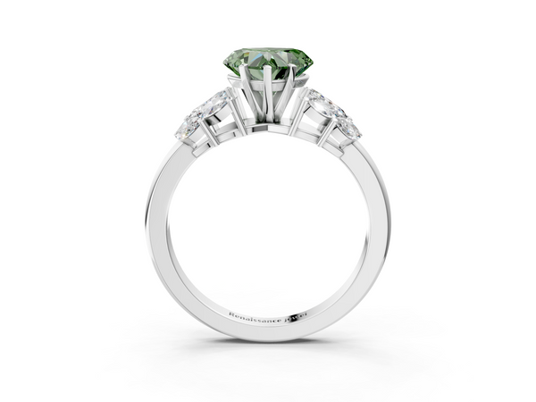 Platinum Fancy Green Heart  Diamond Cluster Leaf Design Ring with Prong Setting