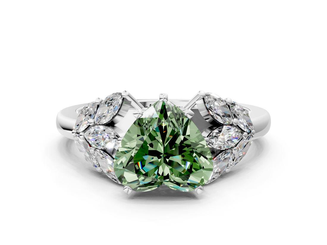 White gold Fancy Green Heart  Diamond Cluster Leaf Design Ring with Prong Setting