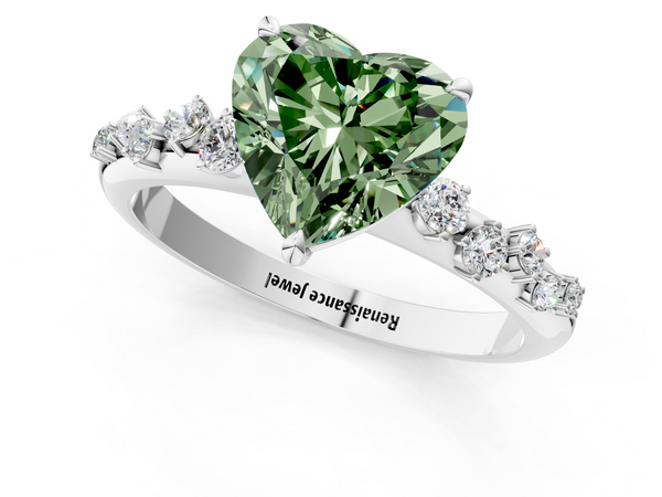 White gold Fancy Green Heart  Diamond Cluster Prong-Set Solitaire Ring