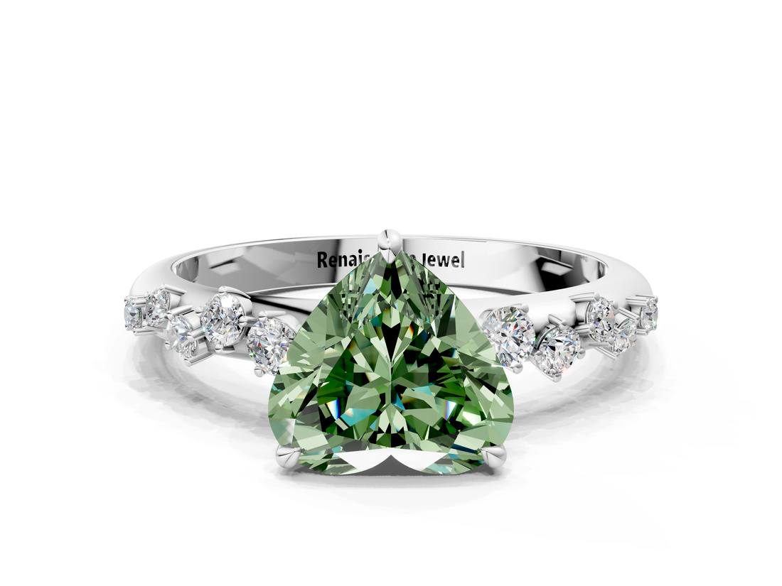 White gold Fancy Green Heart  Diamond Cluster Prong-Set Solitaire Ring
