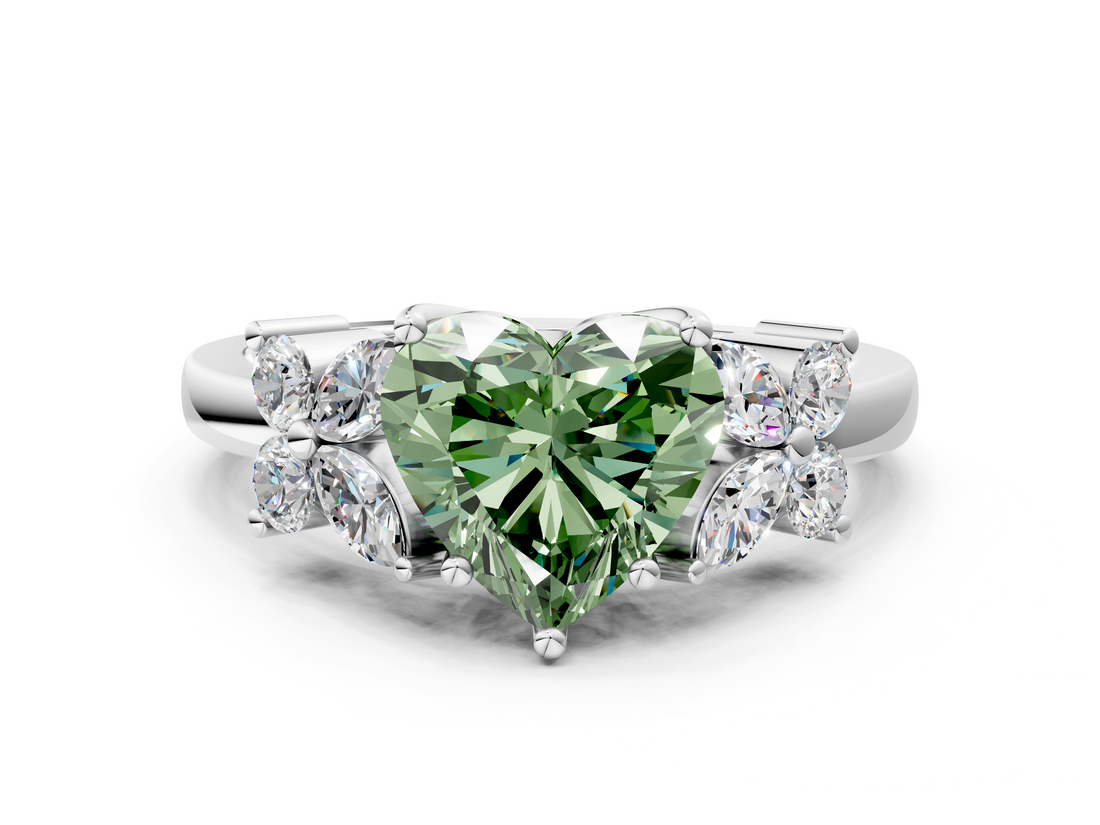 White gold Fancy Green Heart  Diamond Floral Cluster Ring with Solitaire Band and Prong Setting