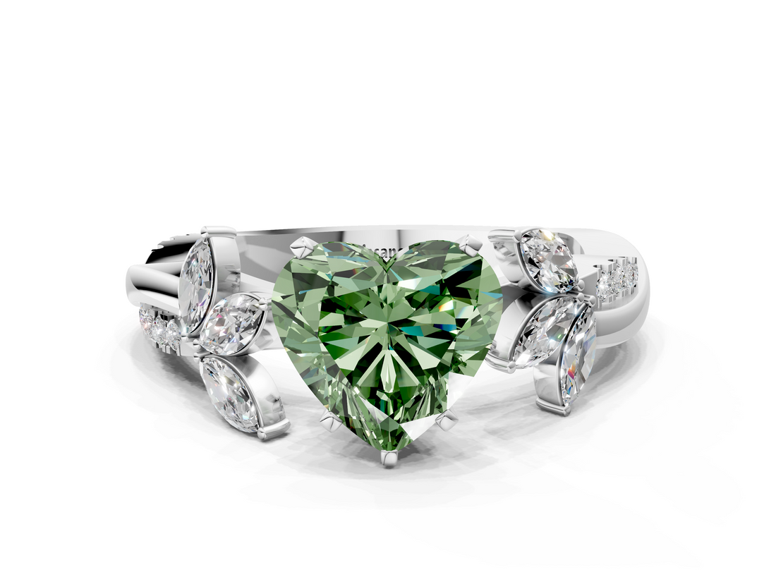 White gold Fancy Green Heart  Diamond Floral Vine Solitaire Engagement Ring