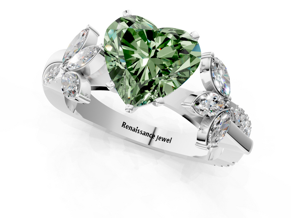 Platinum Fancy Green Heart  Diamond Floral Vine Solitaire Engagement Ring