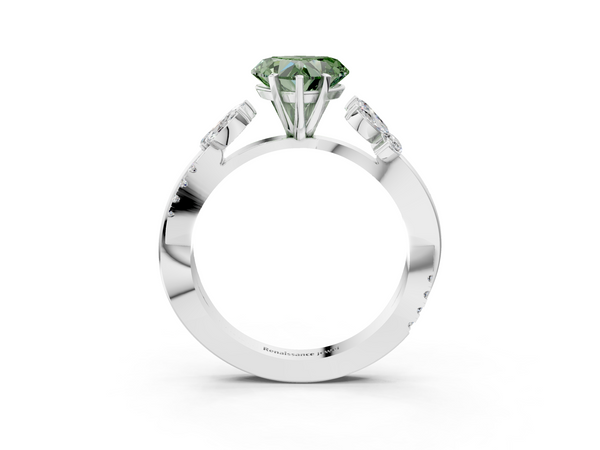 Platinum Fancy Green Heart  Diamond Floral Vine Solitaire Engagement Ring