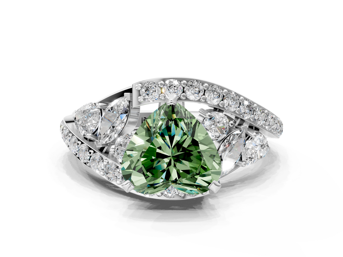 White gold Fancy Green Heart  Diamond Halo Ring with Marquise and Pavé Band in Prong Setting_17