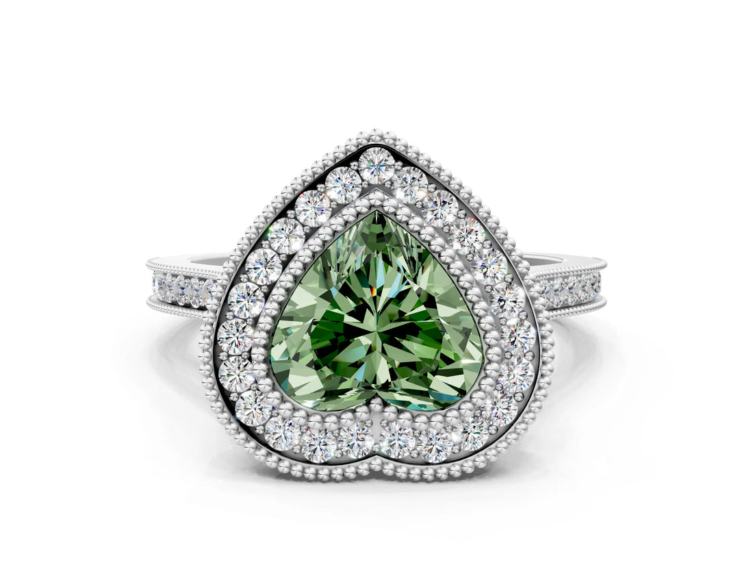White gold Fancy Green Heart  Diamond Halo Ring with Milgrain Frame and Pavé Band_34