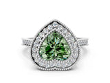 White gold Fancy Green Heart  Diamond Halo Ring with Milgrain Frame and Pavé Band_35