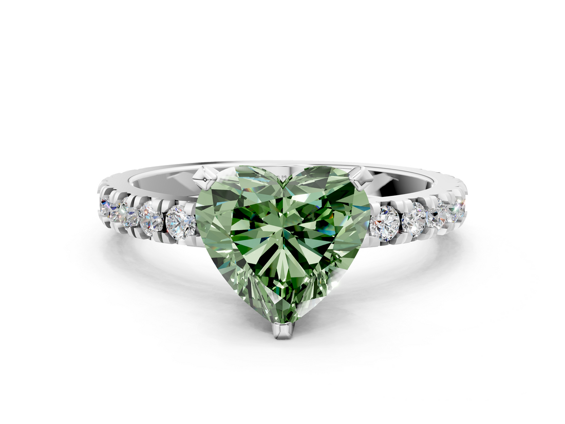 White gold Fancy Green Heart  Diamond Pavé Band Solitaire with Four-Prong Setting
