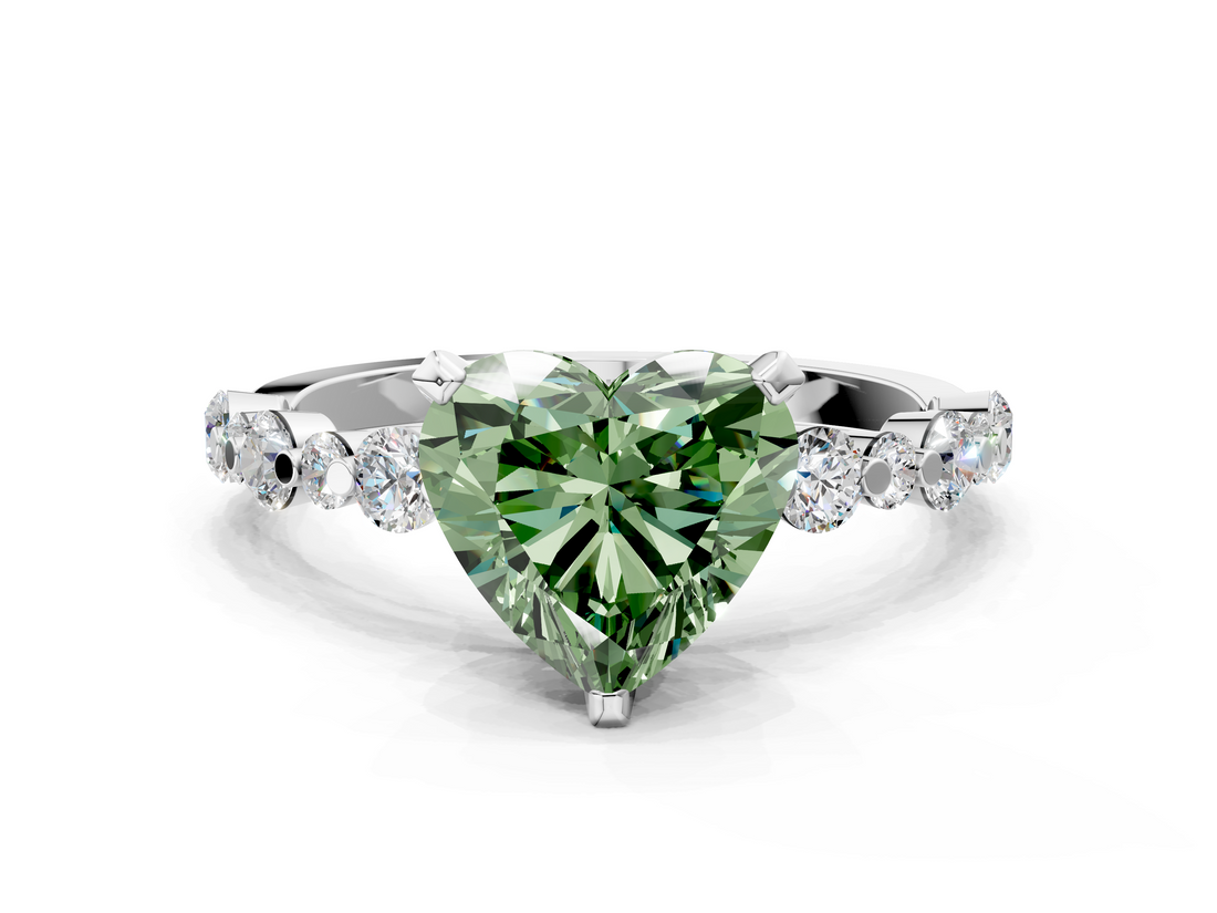 White gold Fancy Green Heart  Diamond Prong Set Engagement Ring with Pave Band