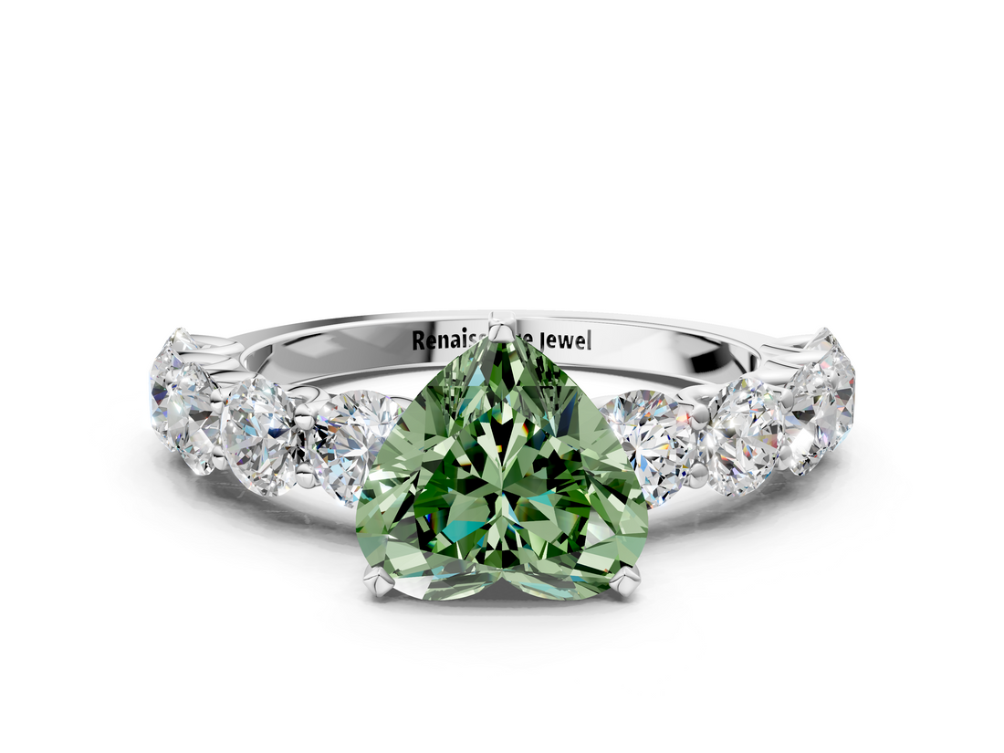 White gold Fancy Green Heart  Diamond Prong Setting with Side Stones on a Pave Band
