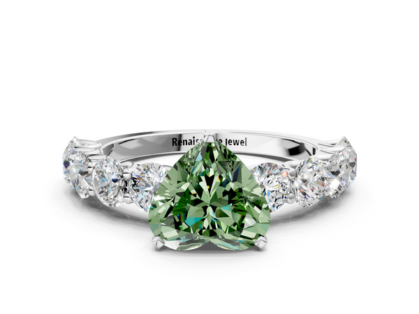 White gold Fancy Green Heart Cut Diamond Prong Setting with Side Stones on a Pave Band